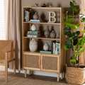 Baxton Studio Faulkner Mid-Century Natural Brown Finished Wood and Rattan 2-Door Bookcase 199-12318-ZORO
